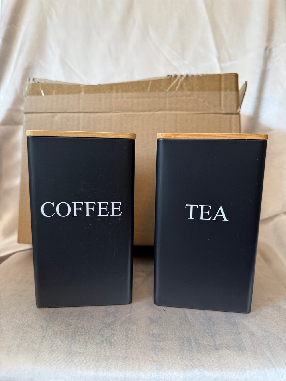 Black Coffee & Tea Canister Set with Bamboo Lids, NEW.